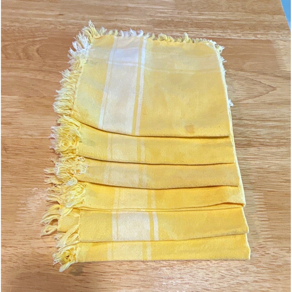 Yellow & White Plaid Fringed Fabric Farmhouse Napkins Set of 6 Rectangular